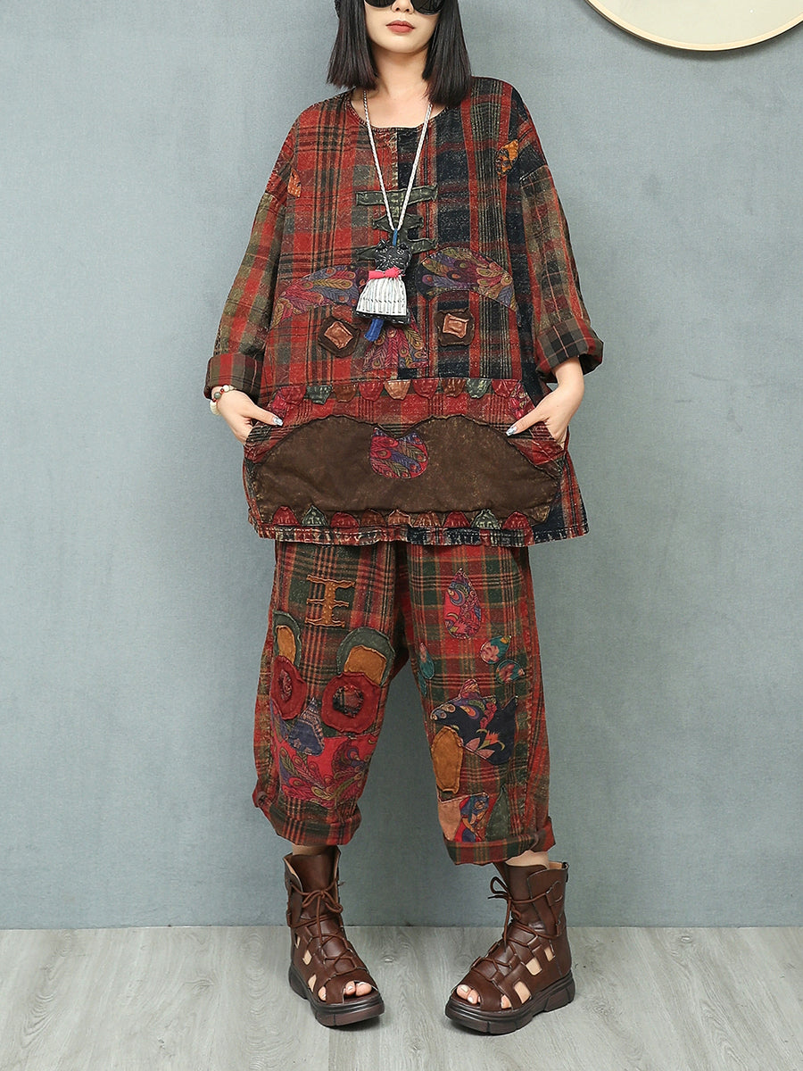 Women Autumn Retro Patchwork O-Neck Loose Cotton Suits