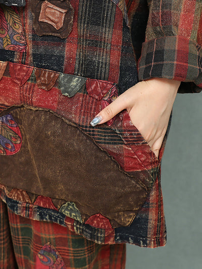 Women Autumn Retro Patchwork O-Neck Loose Cotton Suits