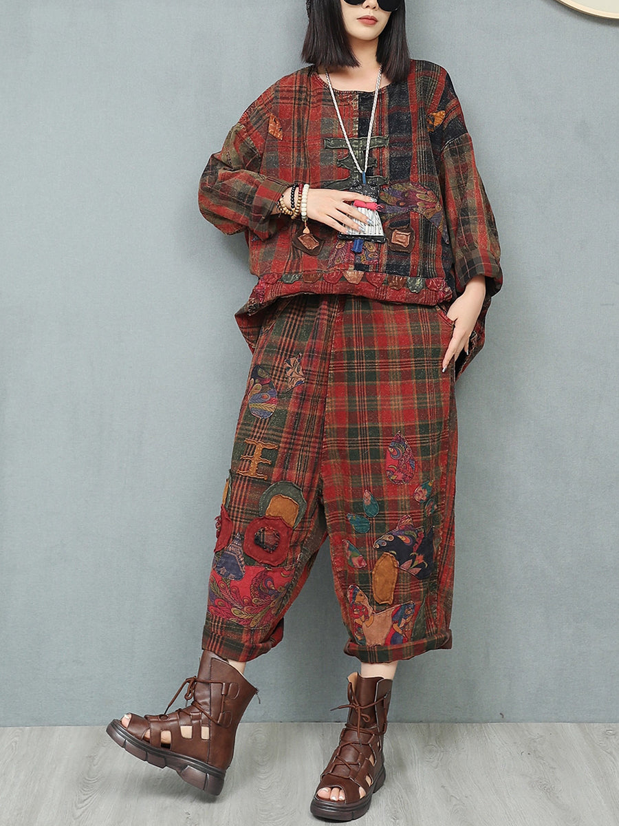 Women Autumn Retro Patchwork O-Neck Loose Cotton Suits