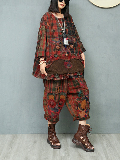 Women Autumn Retro Patchwork O-Neck Loose Cotton Suits