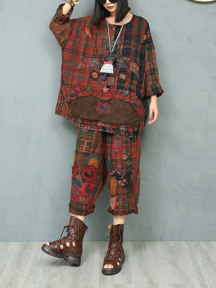 Women Autumn Retro Patchwork O-Neck Loose Cotton Suits