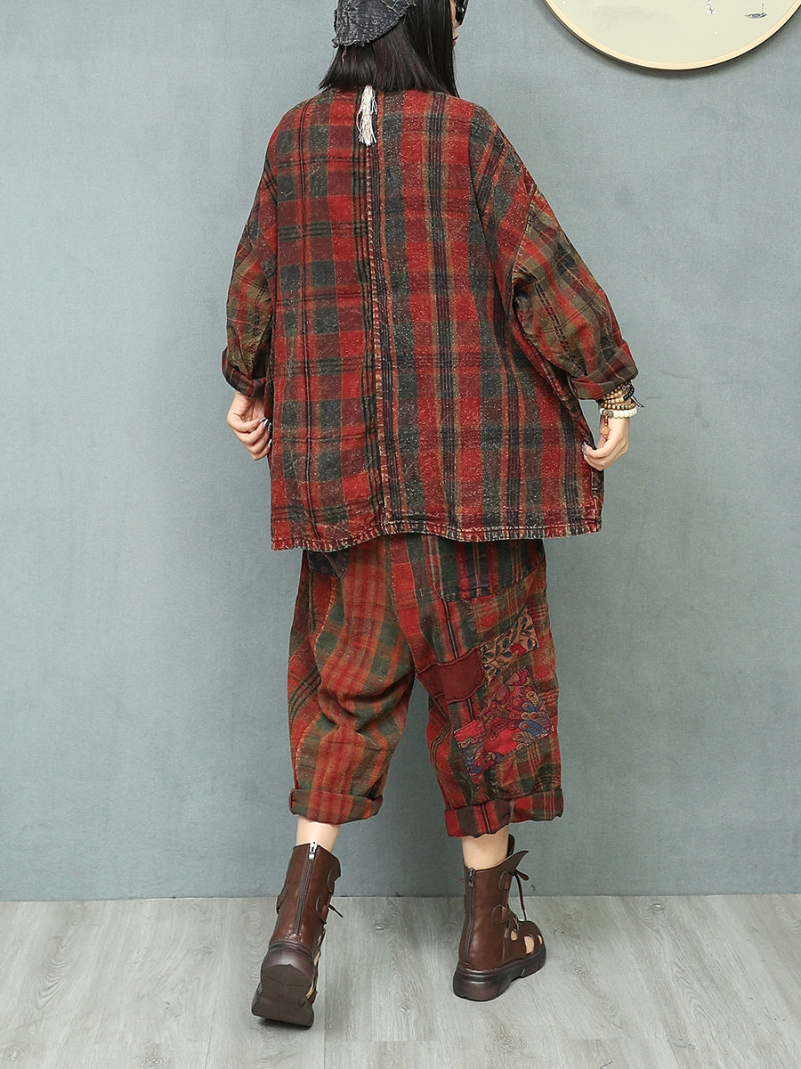 Women Autumn Retro Patchwork O-Neck Loose Cotton Suits