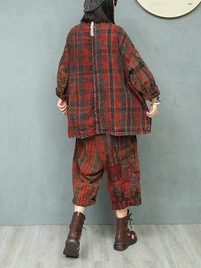 Women Autumn Retro Patchwork O-Neck Loose Cotton Suits