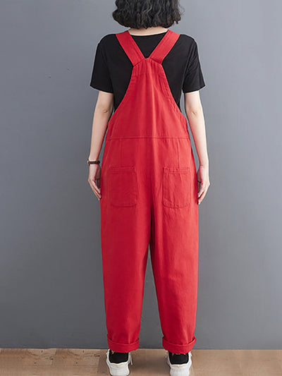 Women Summer Retro Pure Color Cotton Jumpsuits
