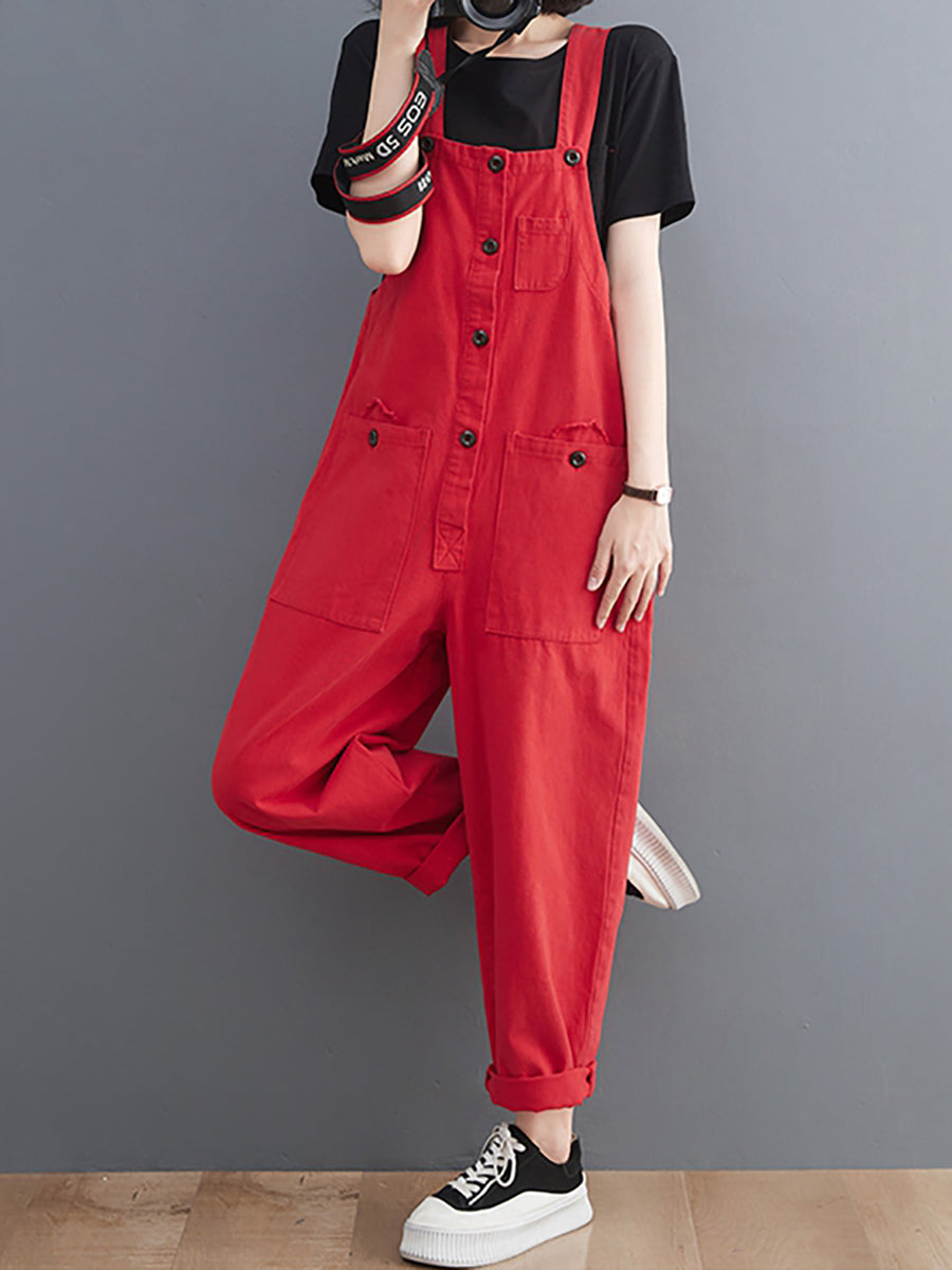 Women Summer Retro Pure Color Cotton Jumpsuits