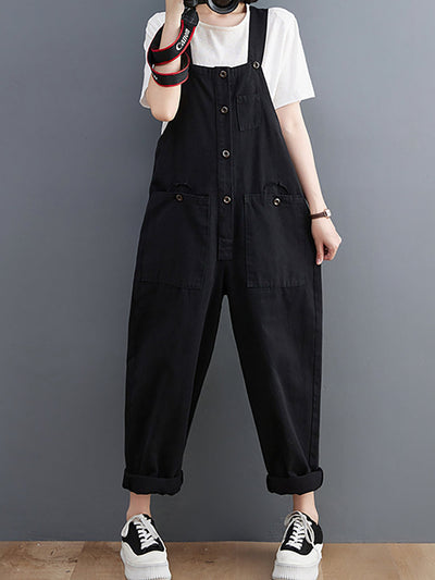 Women Summer Retro Pure Color Cotton Jumpsuits