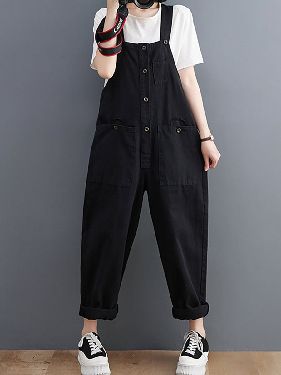 Women Summer Retro Pure Color Cotton Jumpsuits