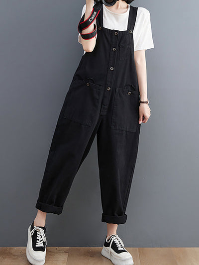 Women Summer Retro Pure Color Cotton Jumpsuits