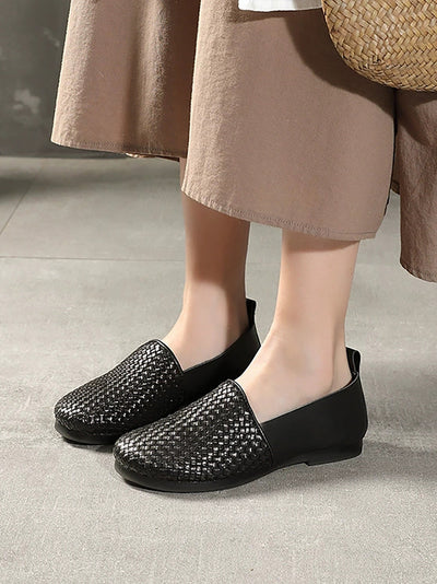 Women Summer Genuine Leather Weave Low Heel Shoes