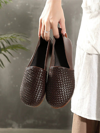 Women Summer Genuine Leather Weave Low Heel Shoes