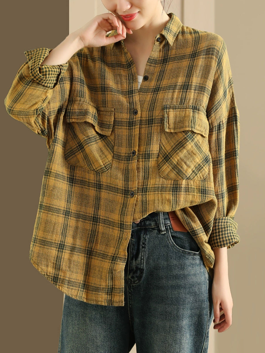Women Autumn Vintage Plaid Turn-down Collar Shirt