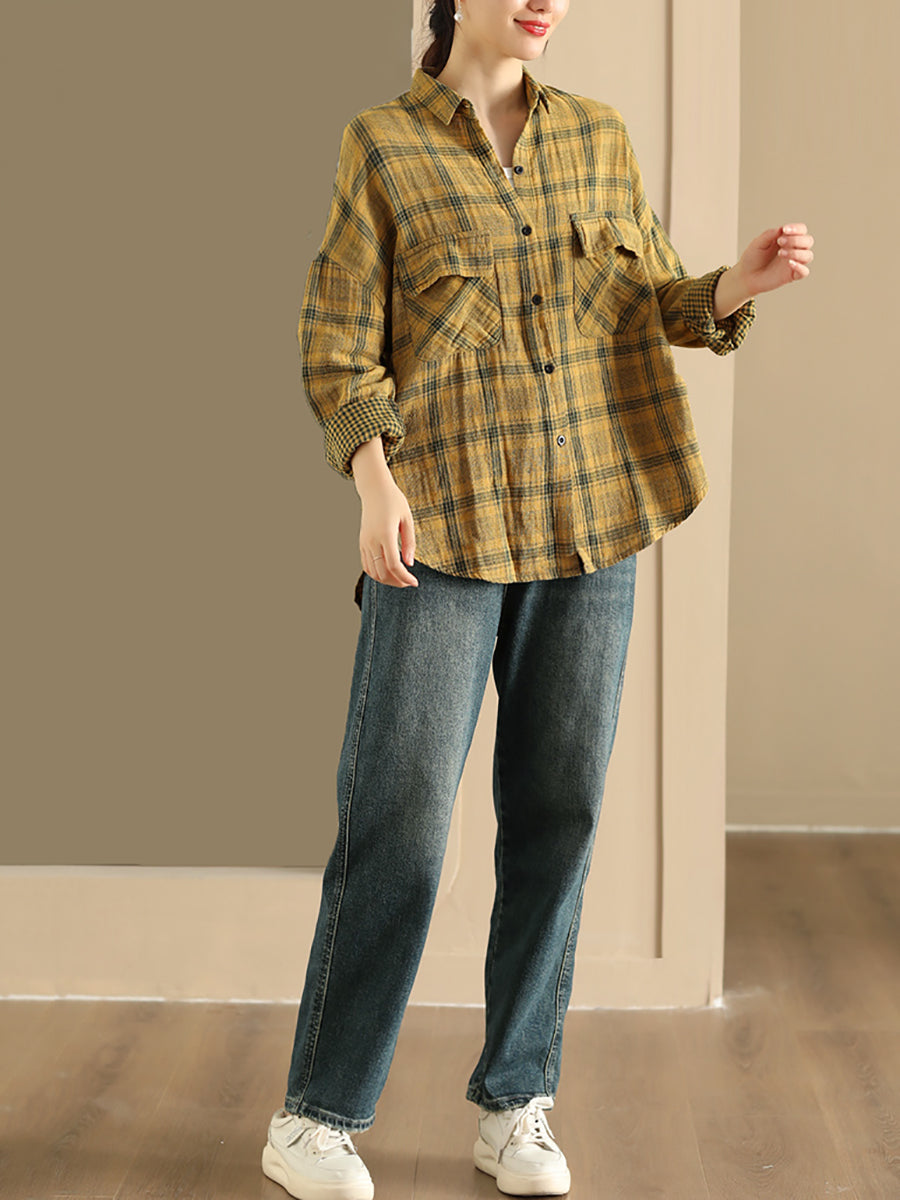 Women Autumn Vintage Plaid Turn-down Collar Shirt