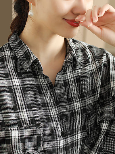 Women Autumn Vintage Plaid Turn-down Collar Shirt
