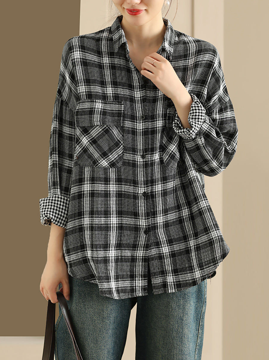 Women Autumn Vintage Plaid Turn-down Collar Shirt