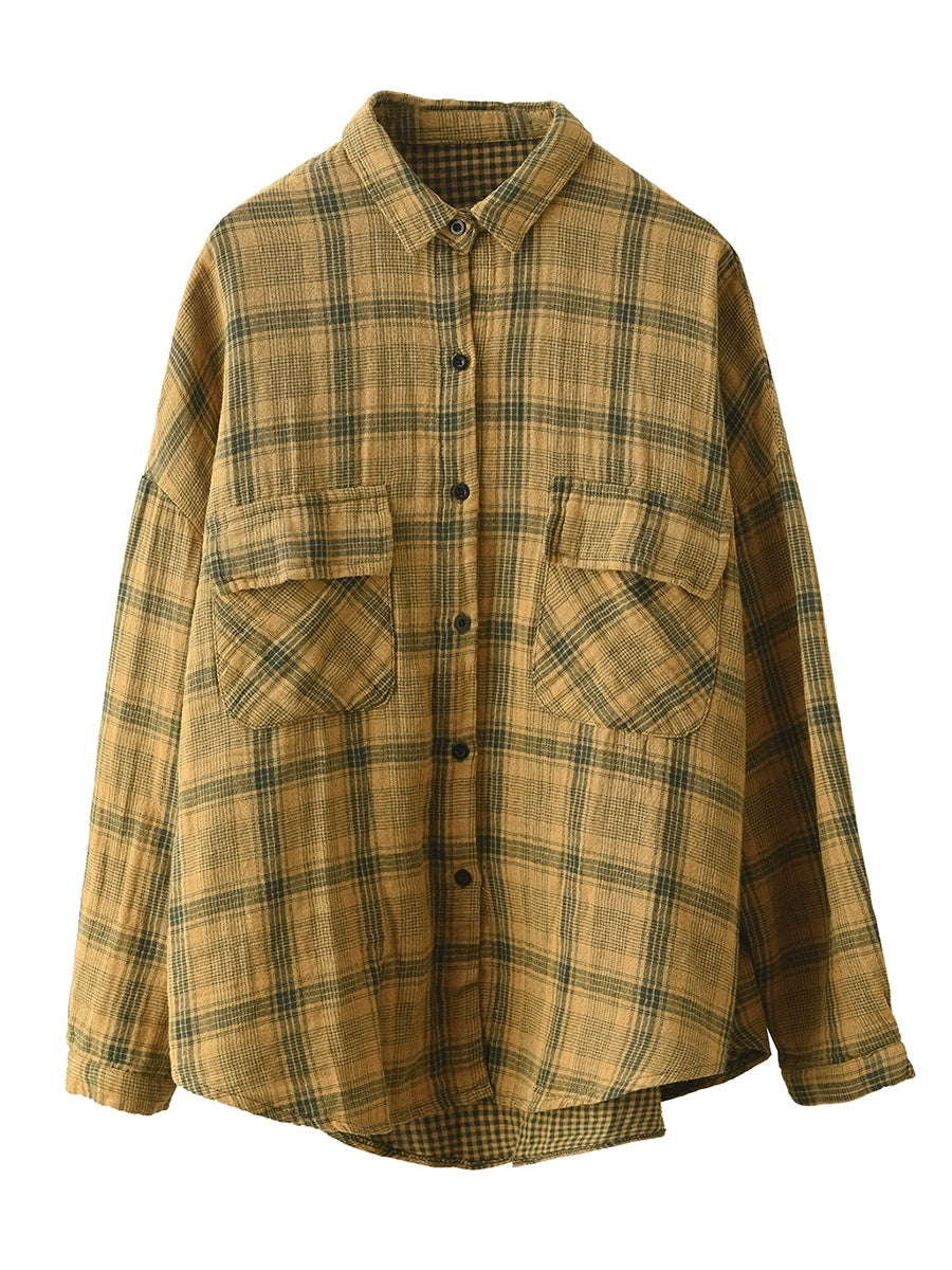 Women Autumn Vintage Plaid Turn-down Collar Shirt