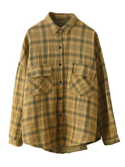 Women Autumn Vintage Plaid Turn-down Collar Shirt