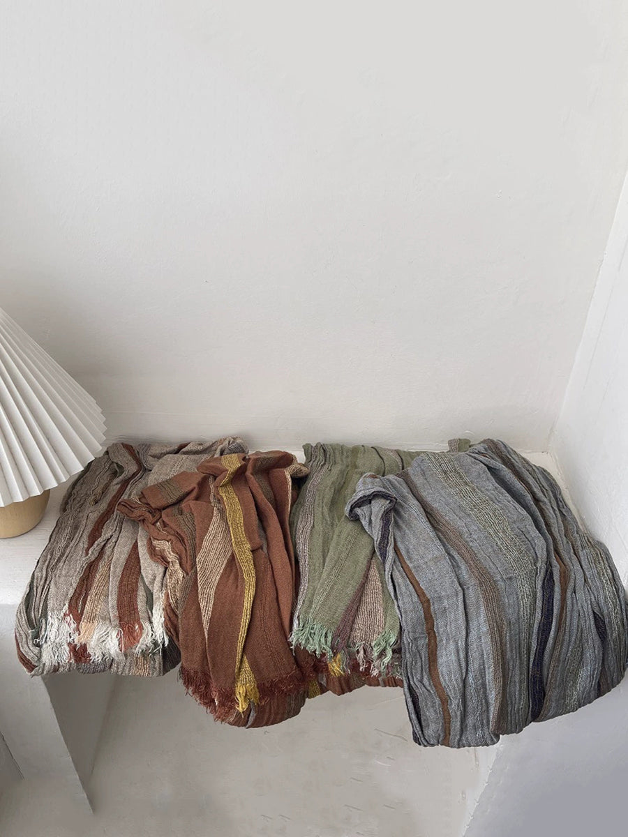 Women Vintage Stripe Raw-edge Shawl Scarf