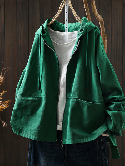 Women Autumn Pure Color 100%Cotton Hooded Coat