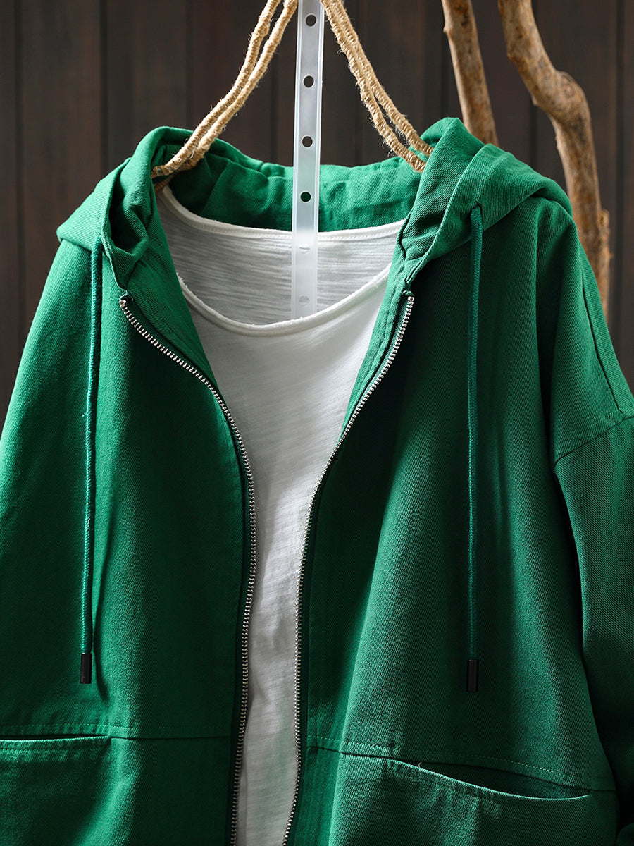 Women Autumn Pure Color 100%Cotton Hooded Coat