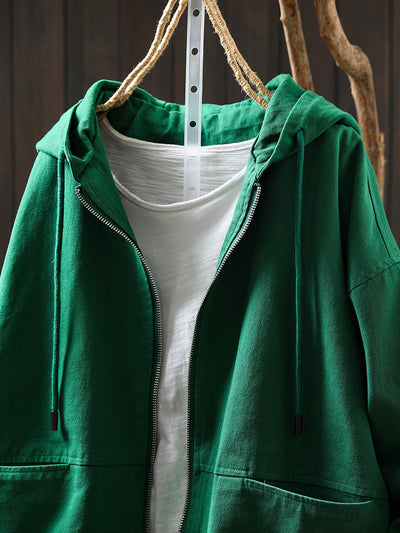 Women Autumn Pure Color 100%Cotton Hooded Coat