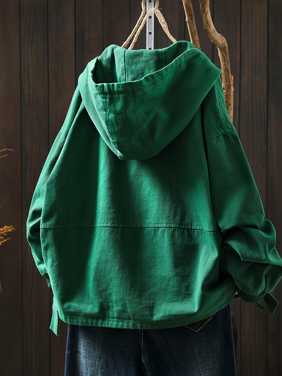 Women Autumn Pure Color 100%Cotton Hooded Coat