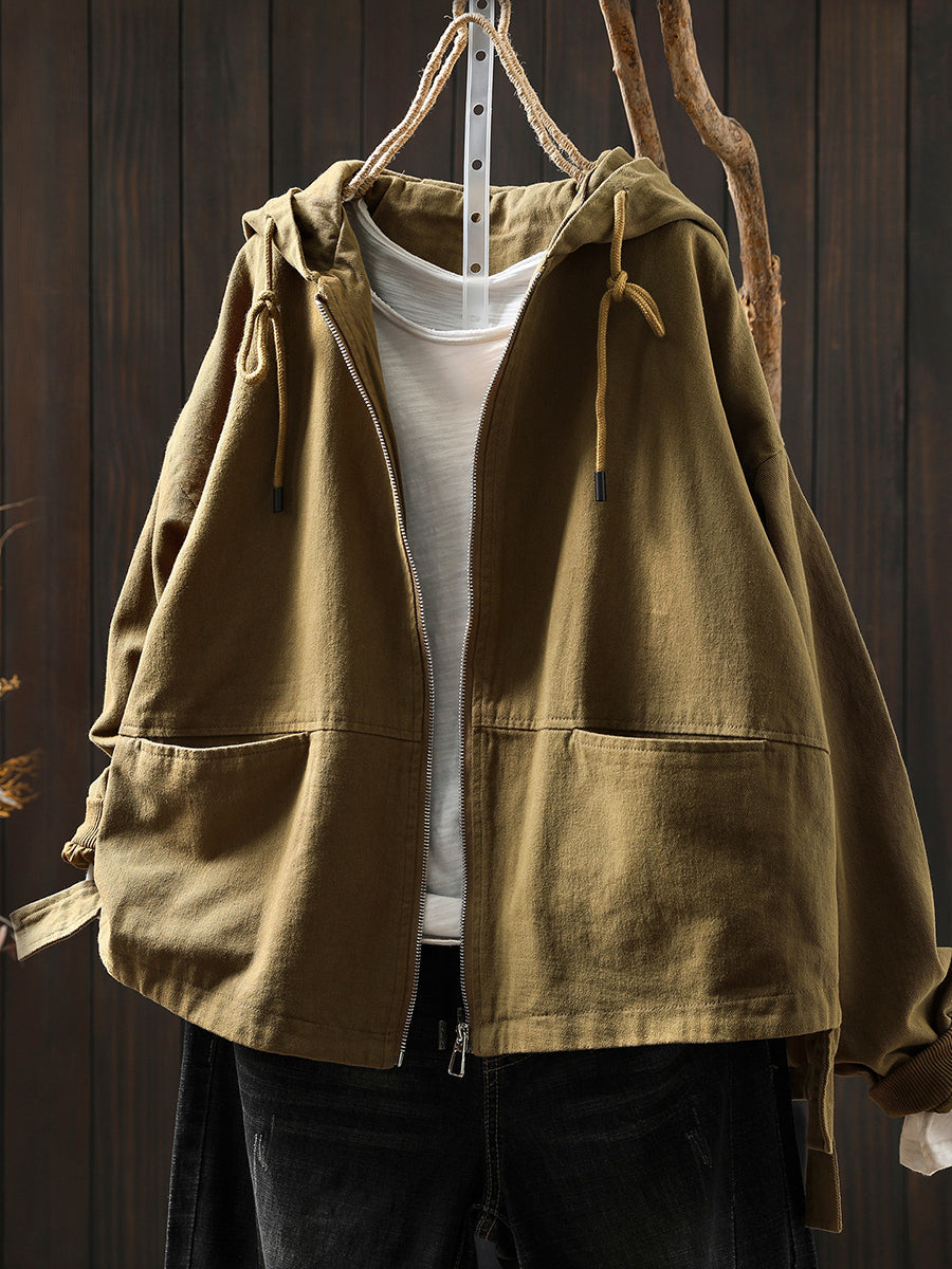 Women Autumn Pure Color 100%Cotton Hooded Coat
