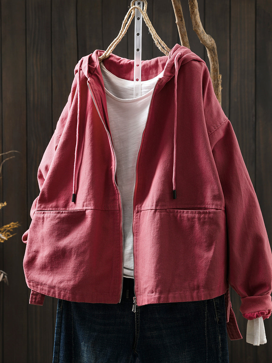 Women Autumn Pure Color 100%Cotton Hooded Coat