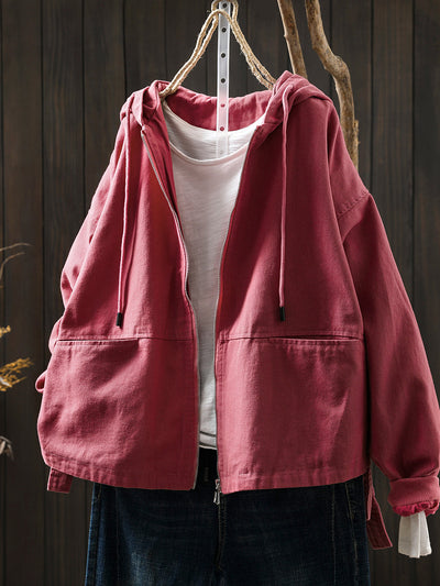 Women Autumn Pure Color 100%Cotton Hooded Coat