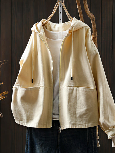 Women Autumn Pure Color 100%Cotton Hooded Coat
