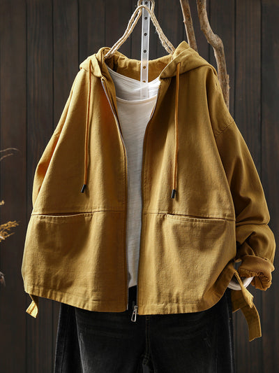 Women Autumn Pure Color 100%Cotton Hooded Coat