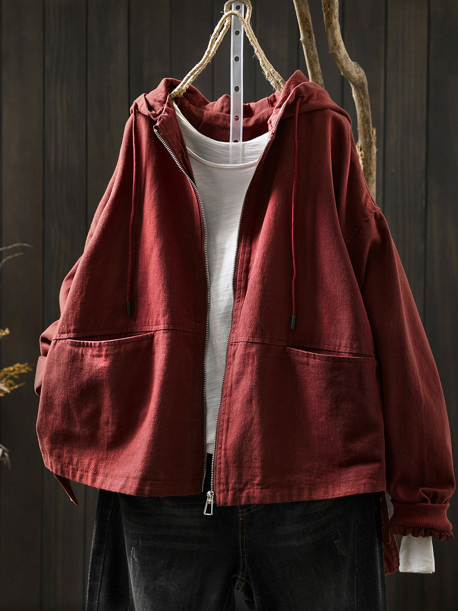 Women Autumn Pure Color 100%Cotton Hooded Coat