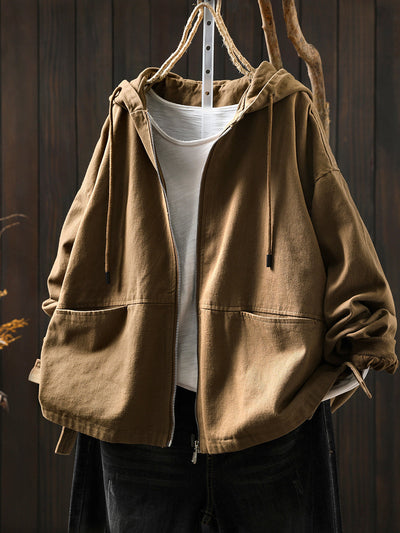 Women Autumn Pure Color 100%Cotton Hooded Coat