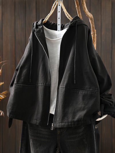 Women Autumn Pure Color 100%Cotton Hooded Coat