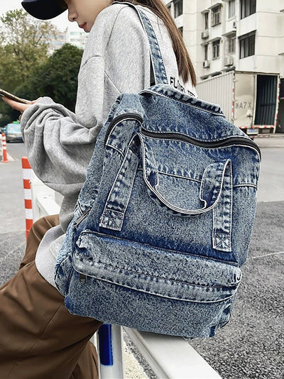 Women Vintage Washed Denim Backpack