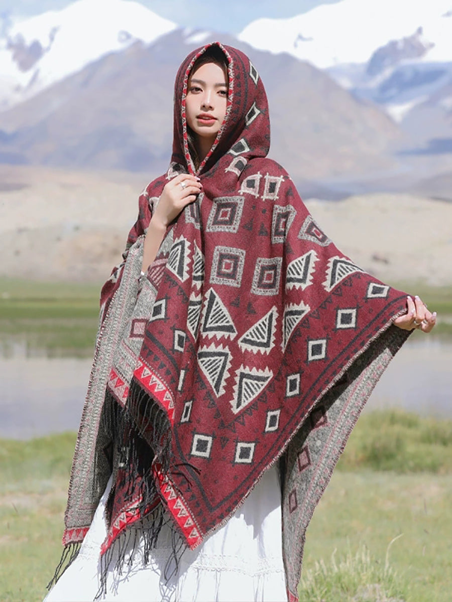 Ethnic Autumn Keep Warm Hooded Shawl Cape