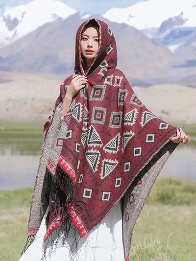 Ethnic Autumn Keep Warm Hooded Shawl Cape