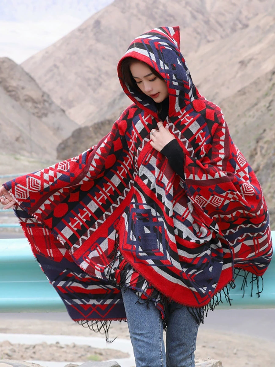 Ethnic Autumn Keep Warm Hooded Shawl Cape