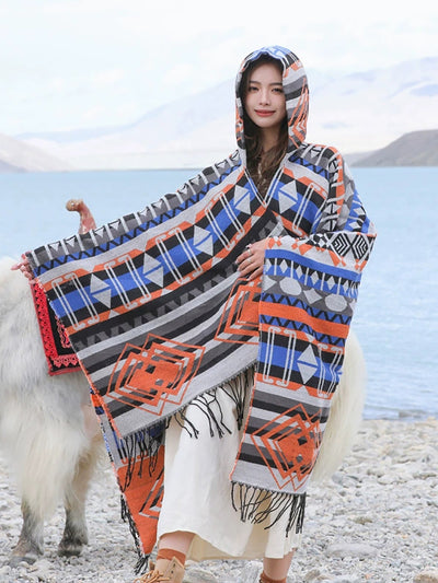 Ethnic Autumn Keep Warm Hooded Shawl Cape