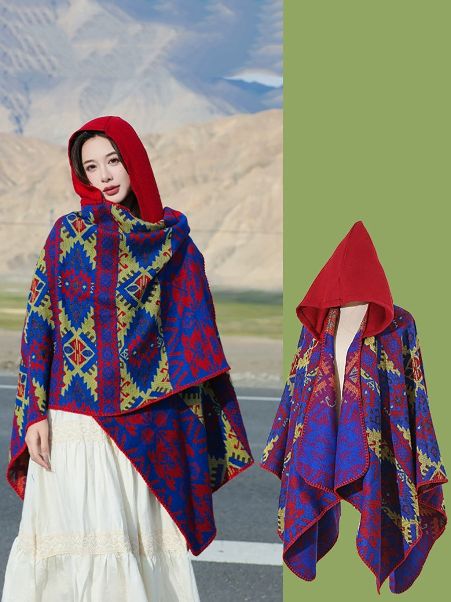 Ethnic Autumn Keep Warm Hooded Shawl Cape