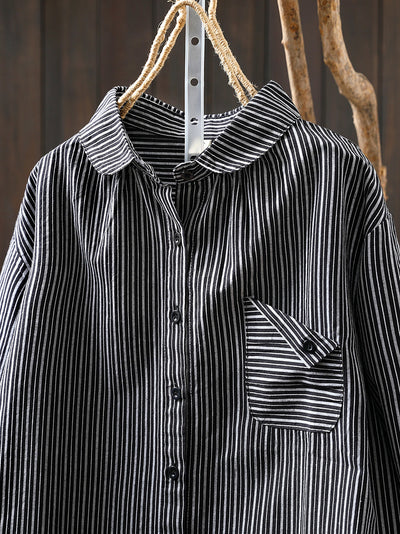 Women Autumn Stripe Turn-down Collar 100%Cotton Shirt