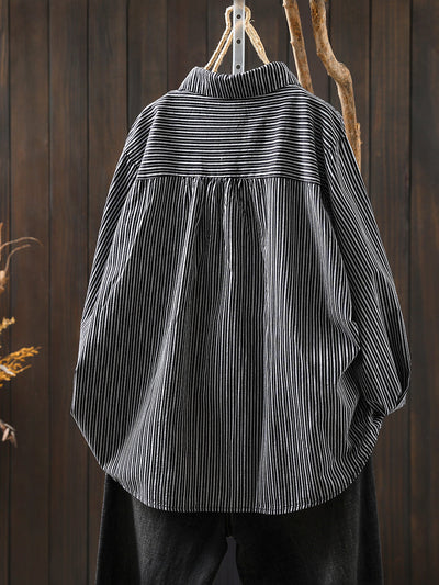 Women Autumn Stripe Turn-down Collar 100%Cotton Shirt
