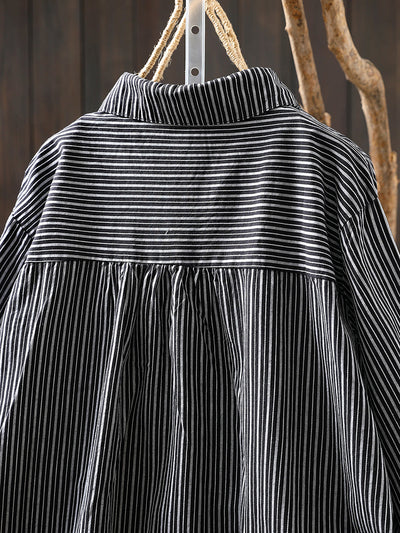Women Autumn Stripe Turn-down Collar 100%Cotton Shirt