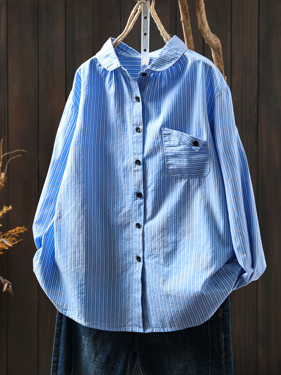 Women Autumn Stripe Turn-down Collar 100%Cotton Shirt
