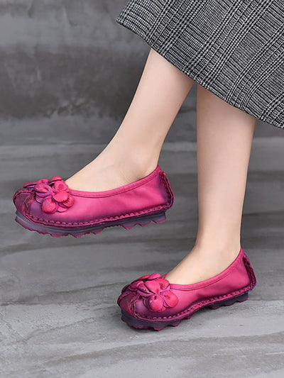 Women Vintage Flower Leather Spliced Flat Shoes