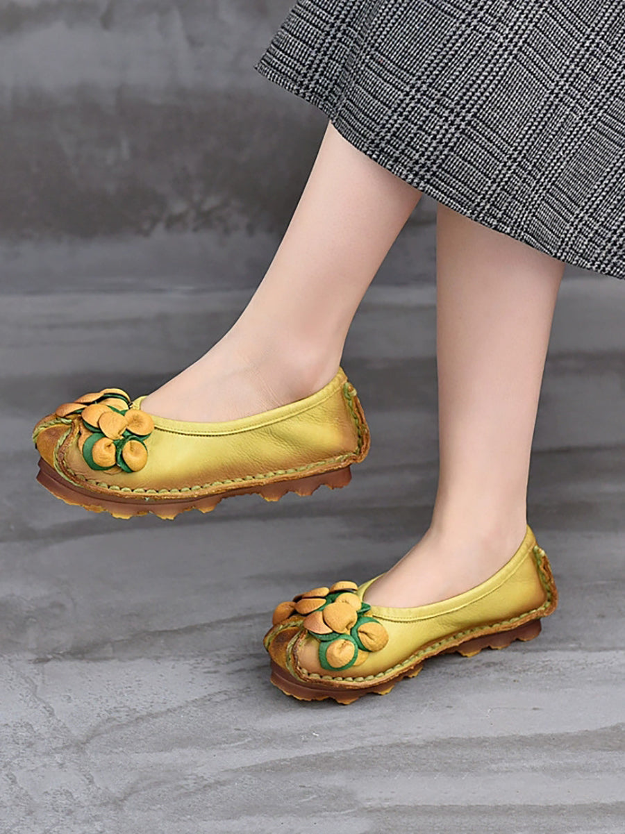 Women Vintage Flower Leather Spliced Flat Shoes