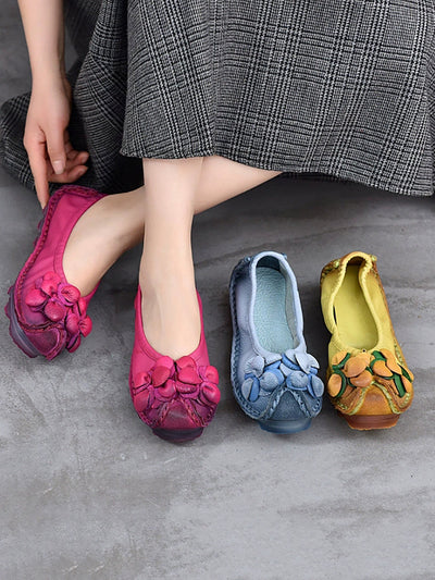 Women Vintage Flower Leather Spliced Flat Shoes