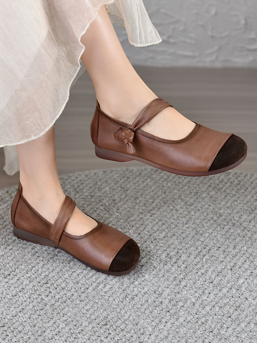 Women Vintage Autumn Leather Spliced Low Heel Shoes