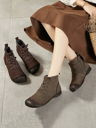 Women Vintage Genuine Leather Spliced Ankle Boots