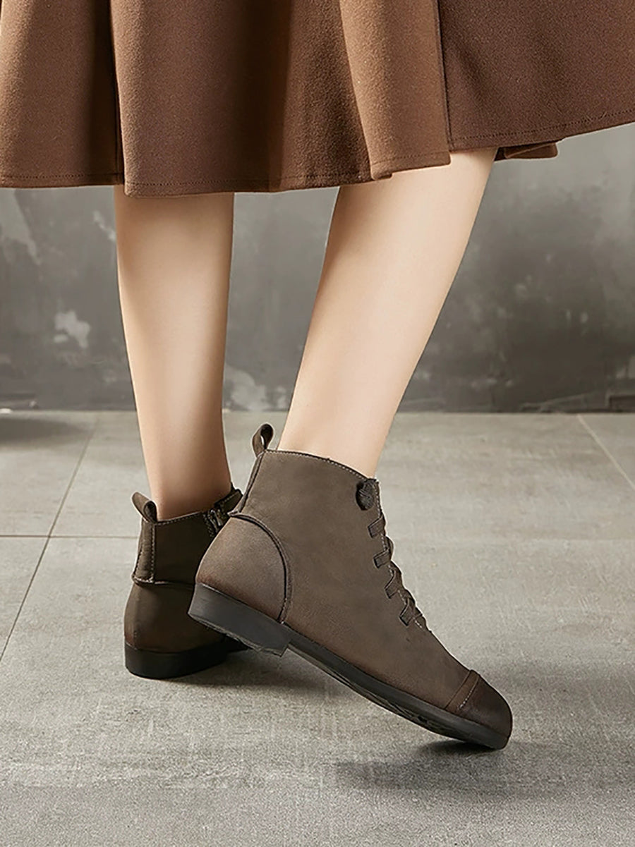Women Vintage Genuine Leather Spliced Ankle Boots