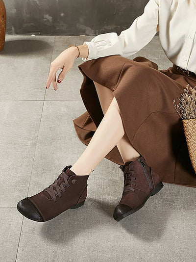 Women Vintage Genuine Leather Spliced Ankle Boots